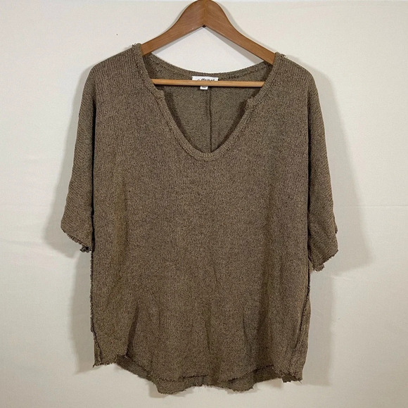 Macaron Women Brown Short Sleeve Raw Hem Pullover Sweater L - Picture 1 of 4
